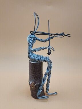 Handmade Wire Wrapped Violinist Sculpture Seated on a Natural Tree Base
